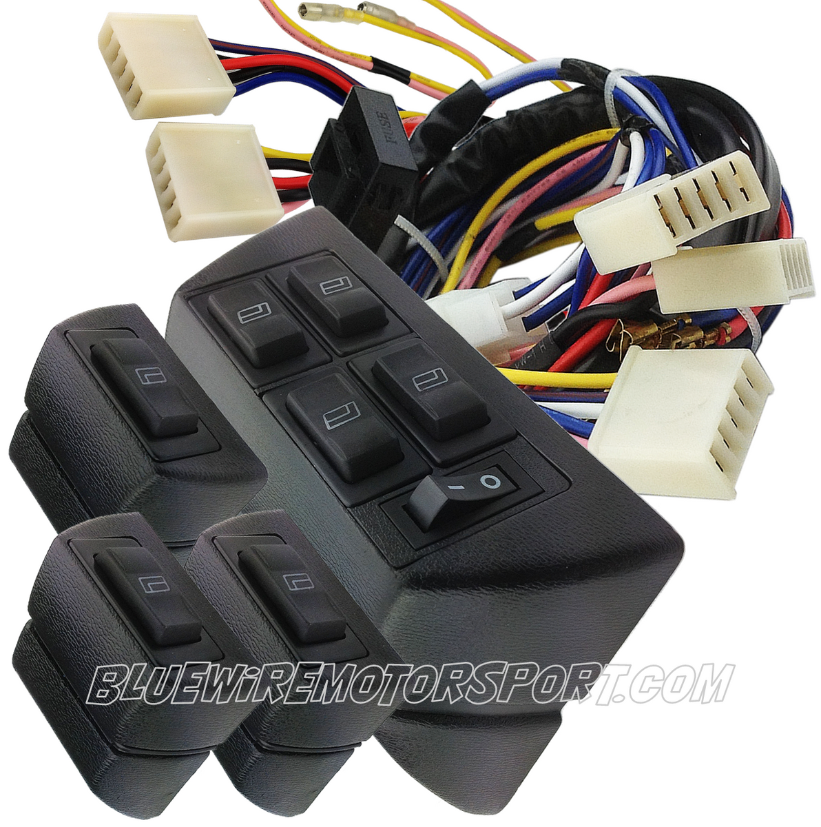 UNIVERSAL FLAT GLASS POWER WINDOW KIT + 7 SWITCH WIRE HARNESS 4D