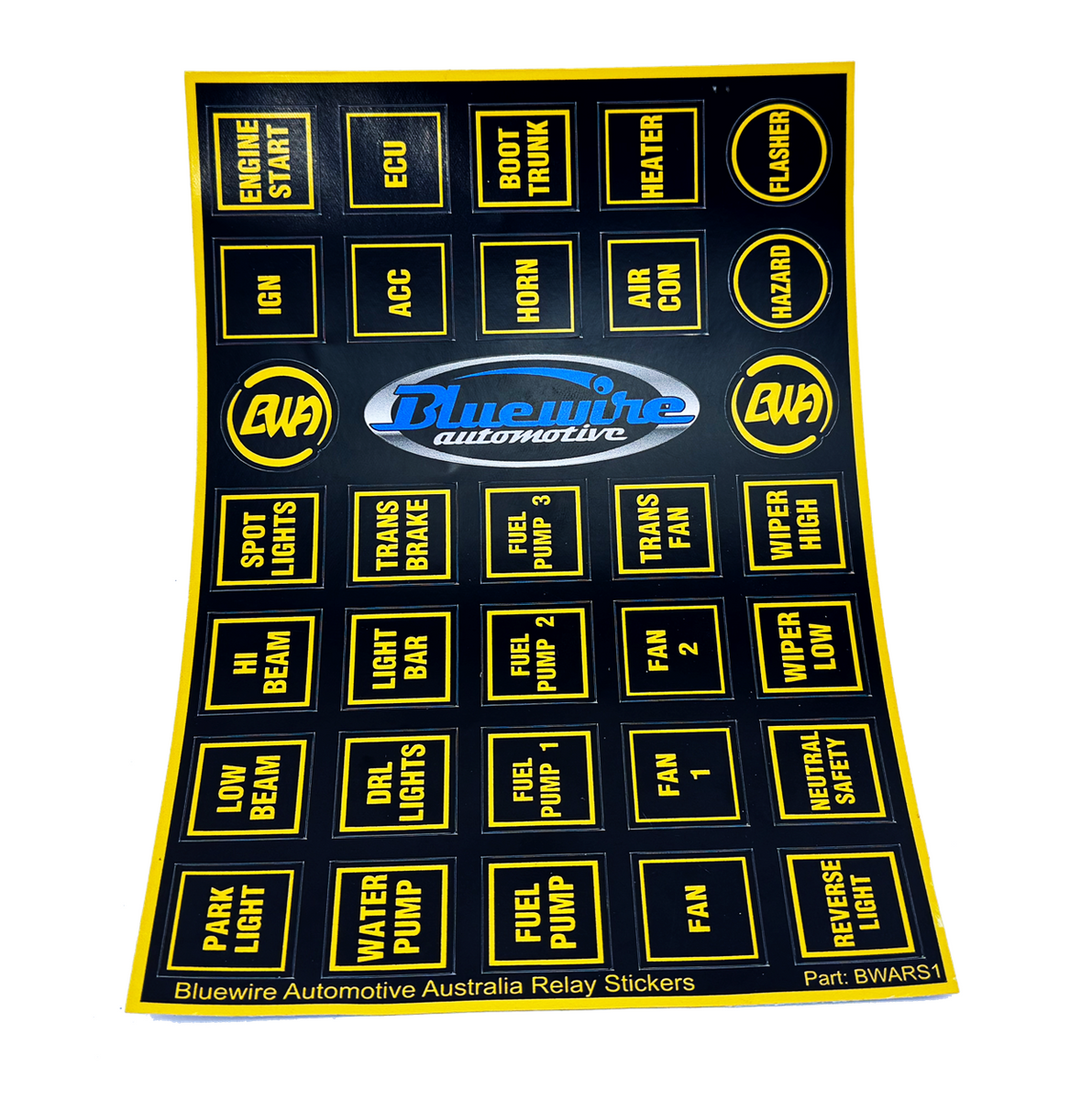 ASSORTED BLACK & AMBER RELAY LABEL STICKERS-BWARS1| Bluewire Automotive