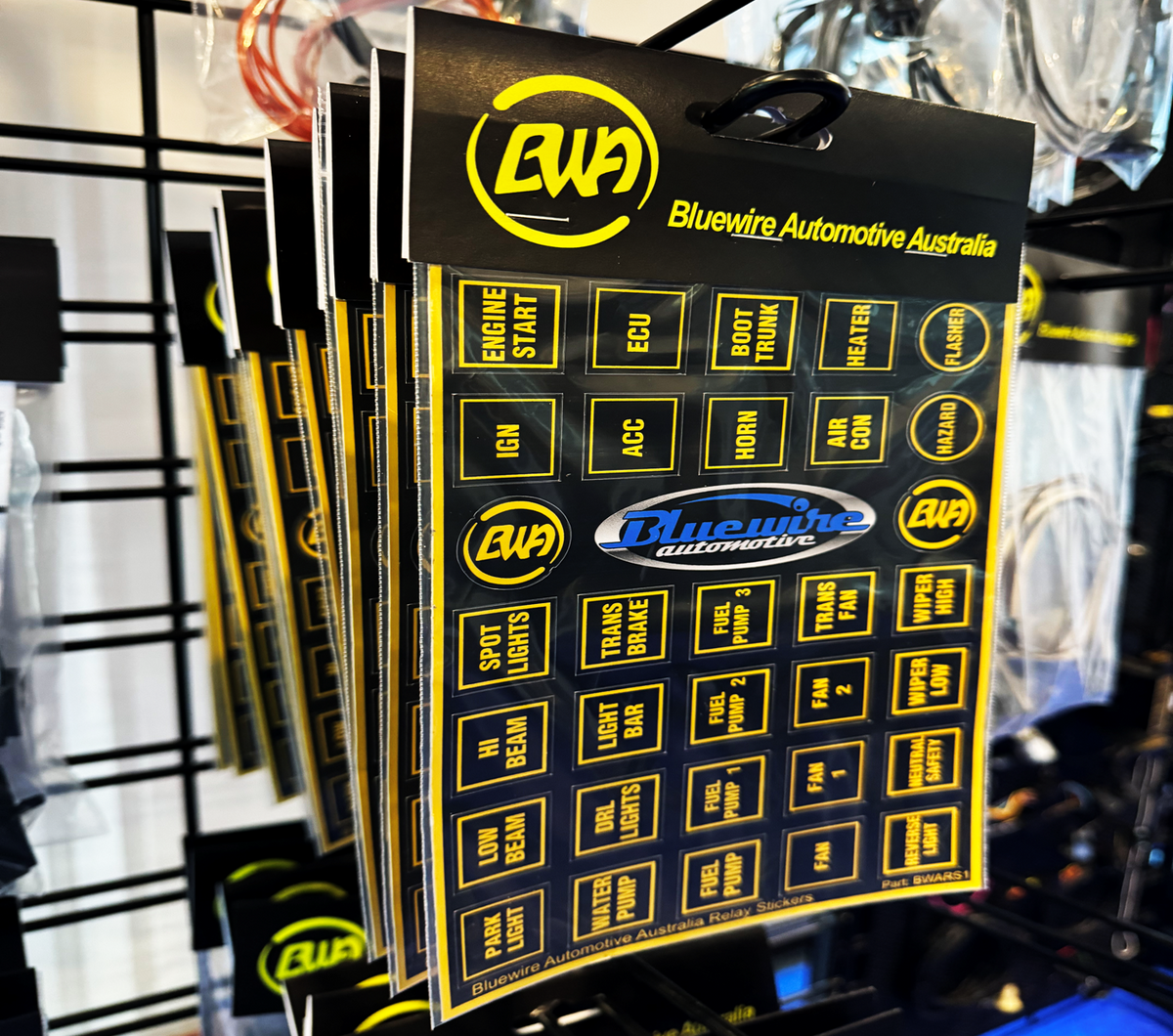 ASSORTED BLACK & AMBER RELAY LABEL STICKERS-BWARS1| Bluewire Automotive