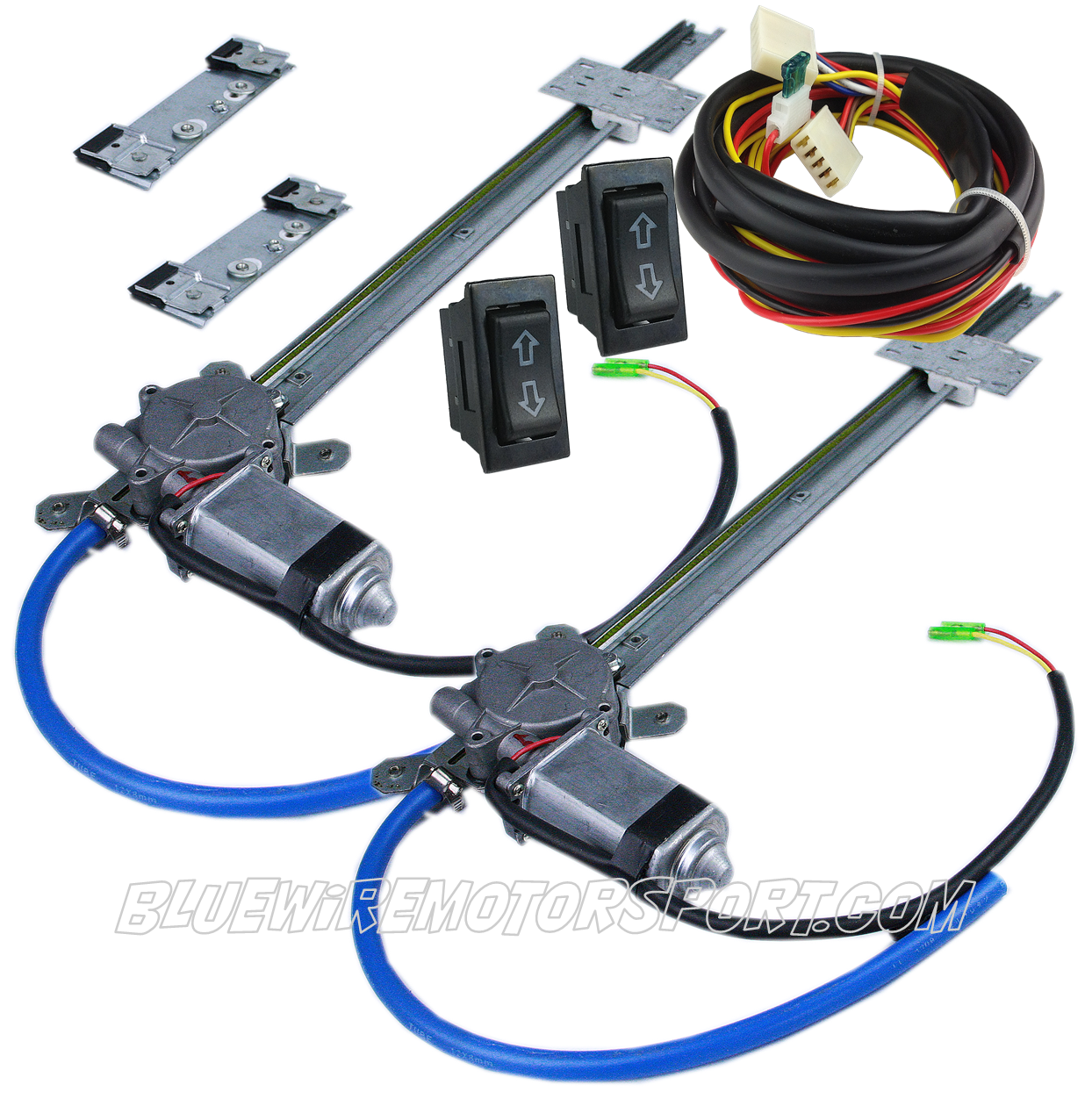 UNIVERSAL AUTOLOC FLAT GLASS POWER WINDOW KIT + 2 SWITCH WIRE HARNESS